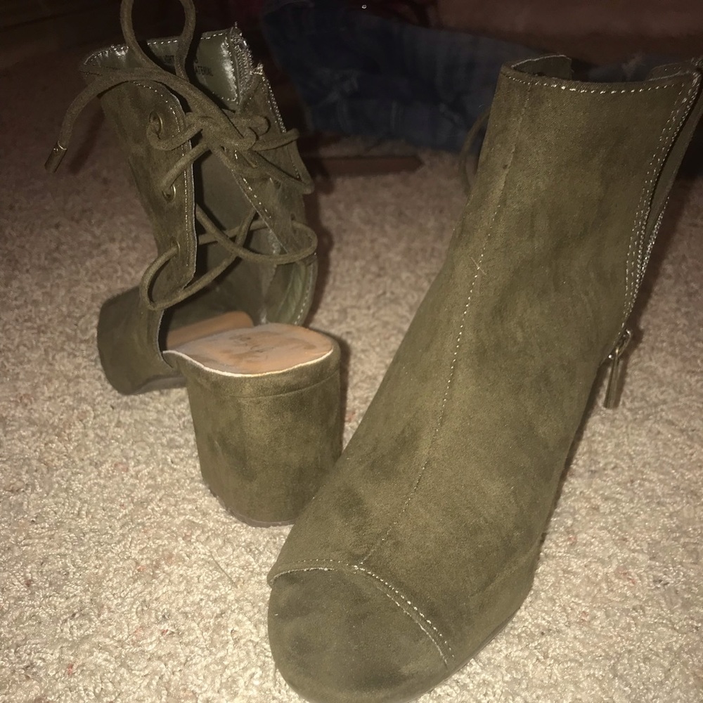 Army Green Open Toe Lace Up Booties